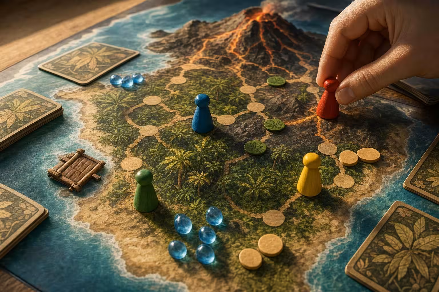 Partie Adventure Island mit typischem Spielmaterial auf dem Tisch (mit AI erstelltes Bild)