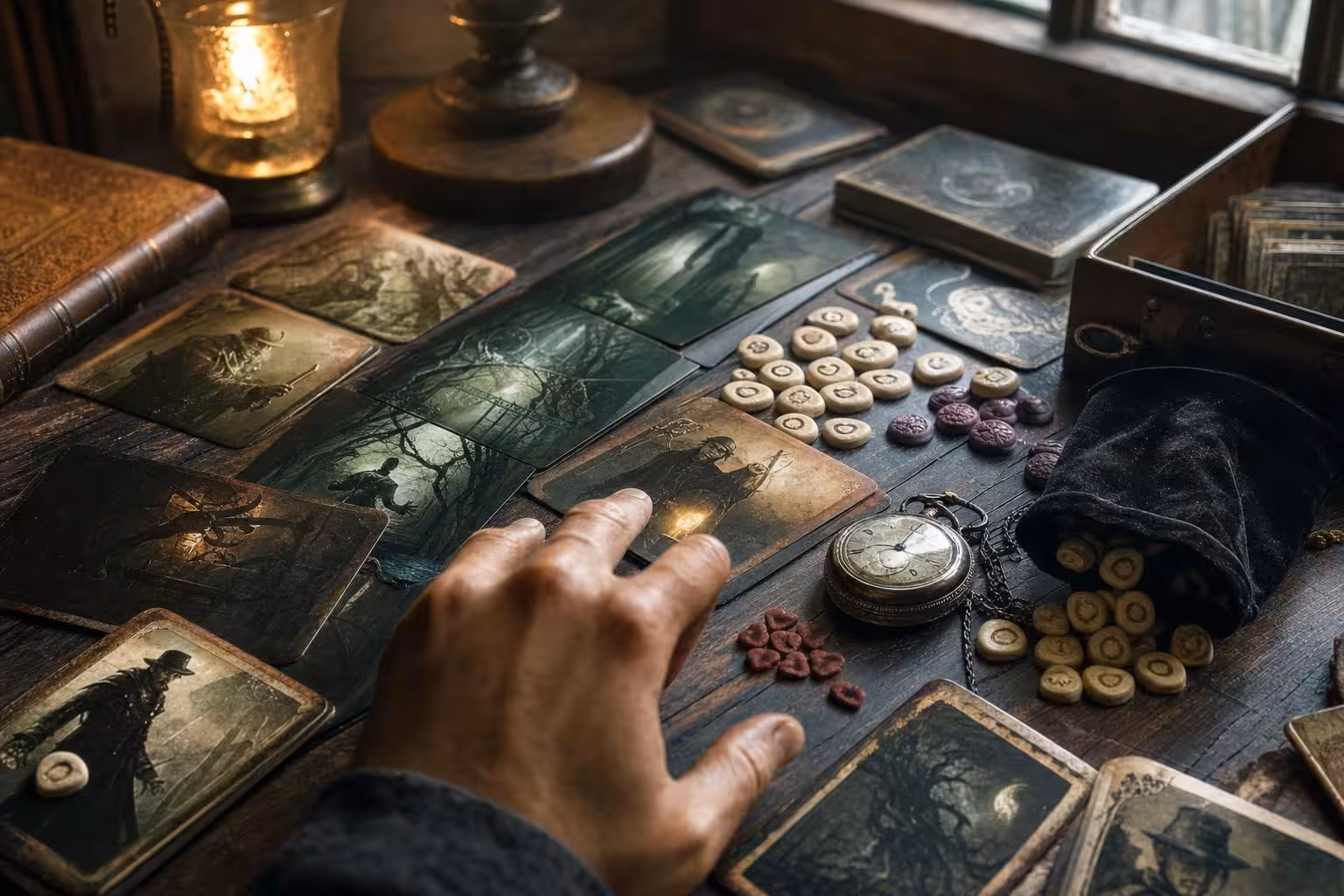 Partie Arkham Horror: Das Kartenspiel: Der gebrochene Kreis mit typischem Spielmaterial auf dem Tisch (mit AI erstelltes Bild)