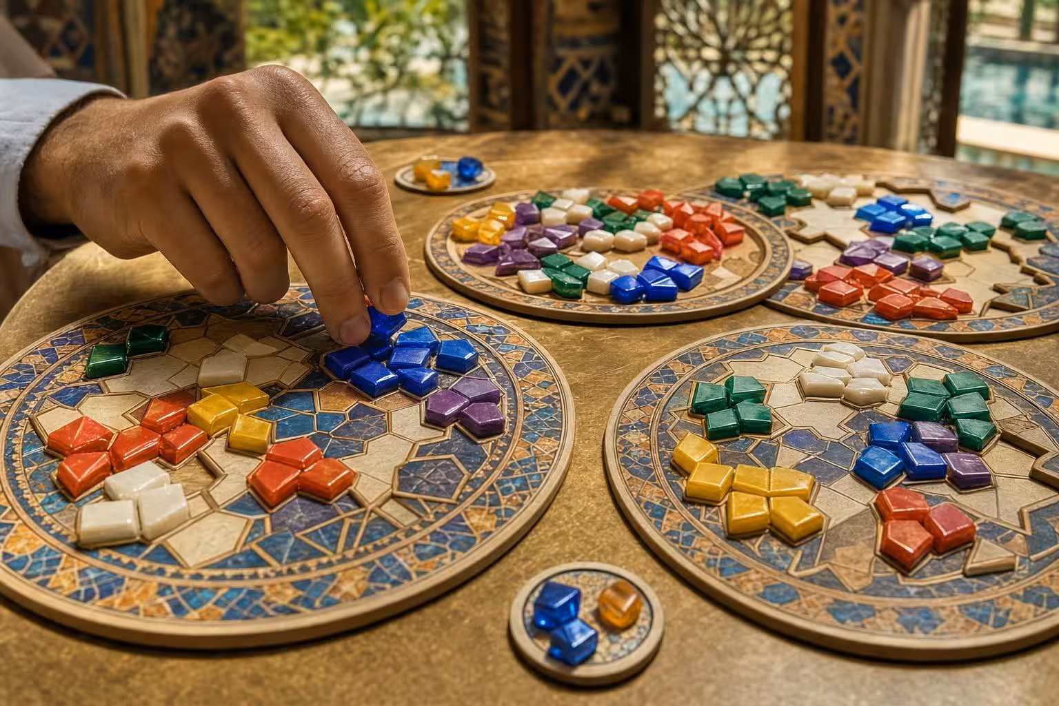 Partie Azul: Der Sommerpavillon mit typischem Spielmaterial auf dem Tisch (mit AI erstelltes Bild)