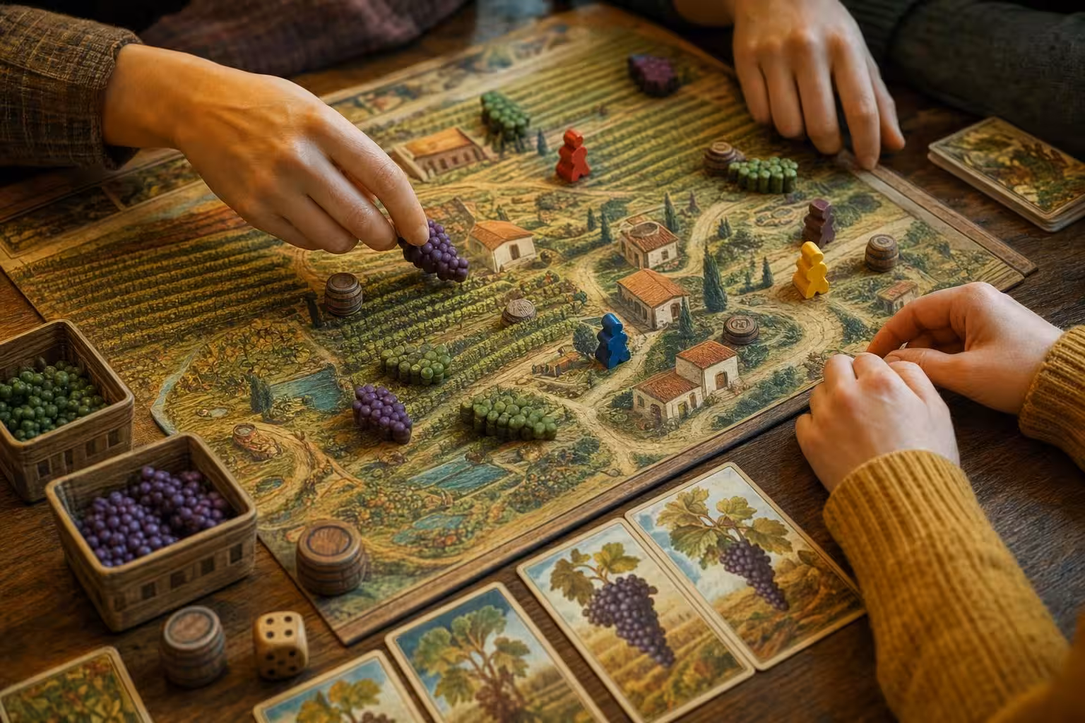 Partie Bravo Traube mit typischem Spielmaterial auf dem Tisch (mit AI erstelltes Bild)