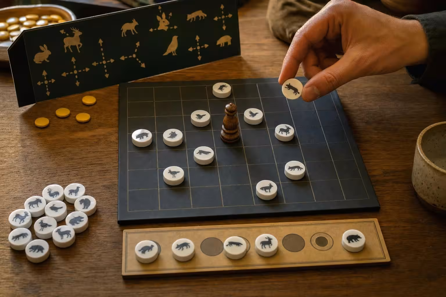 Partie Bumúntú mit typischem Spielmaterial auf dem Tisch (mit AI erstelltes Bild)