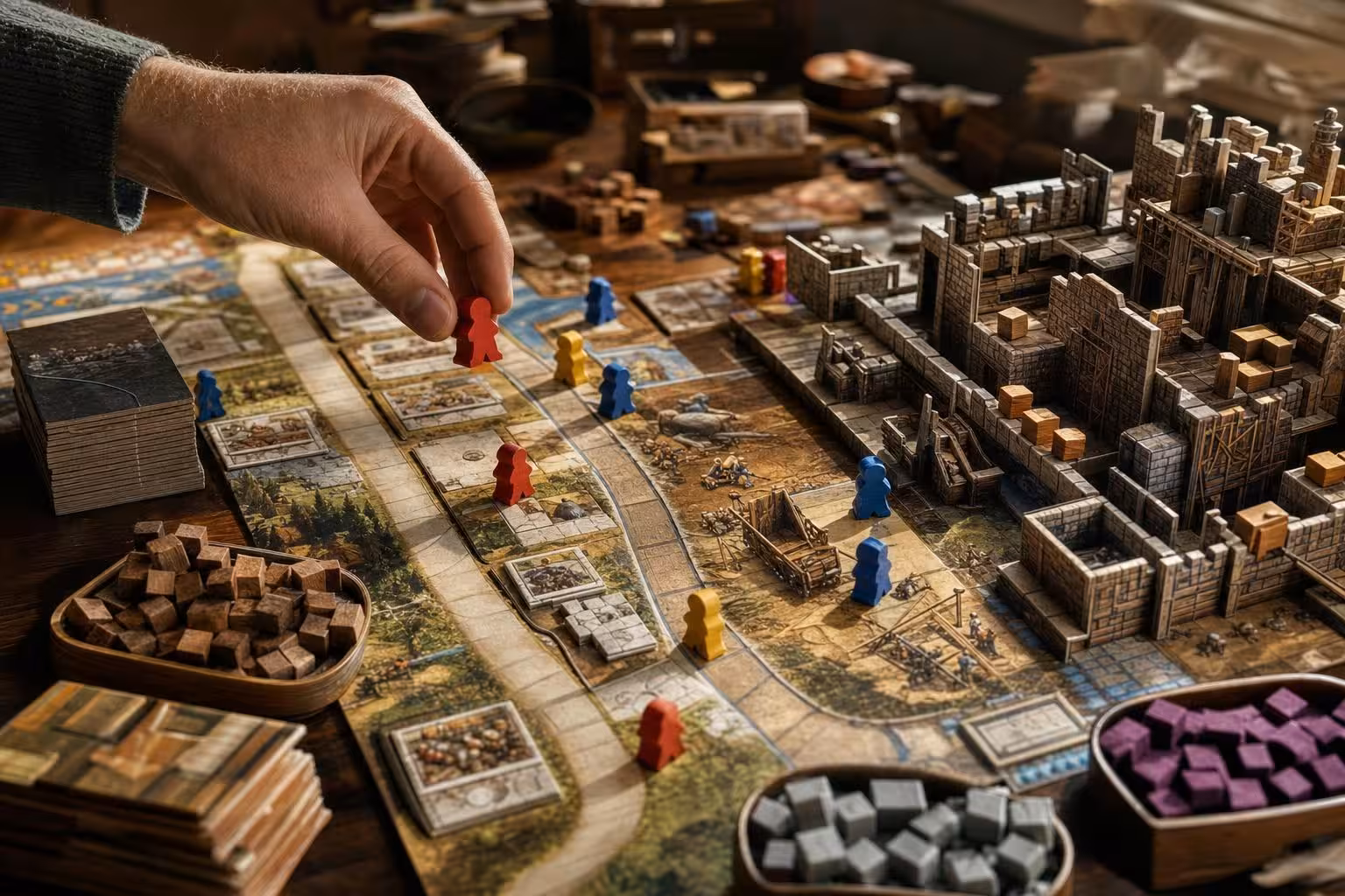 Partie Caylus 1303 mit typischem Spielmaterial auf dem Tisch (mit AI erstelltes Bild)