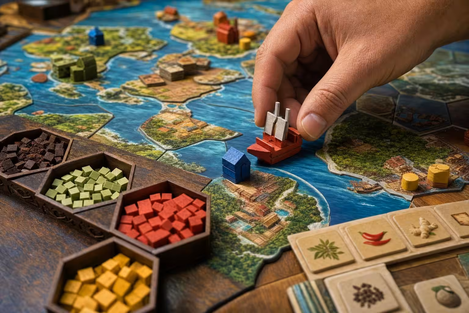 Spieltisch zum Thema: Century Fernöstliche Wunder im Inselhandel (mit AI erstelltes Bild)