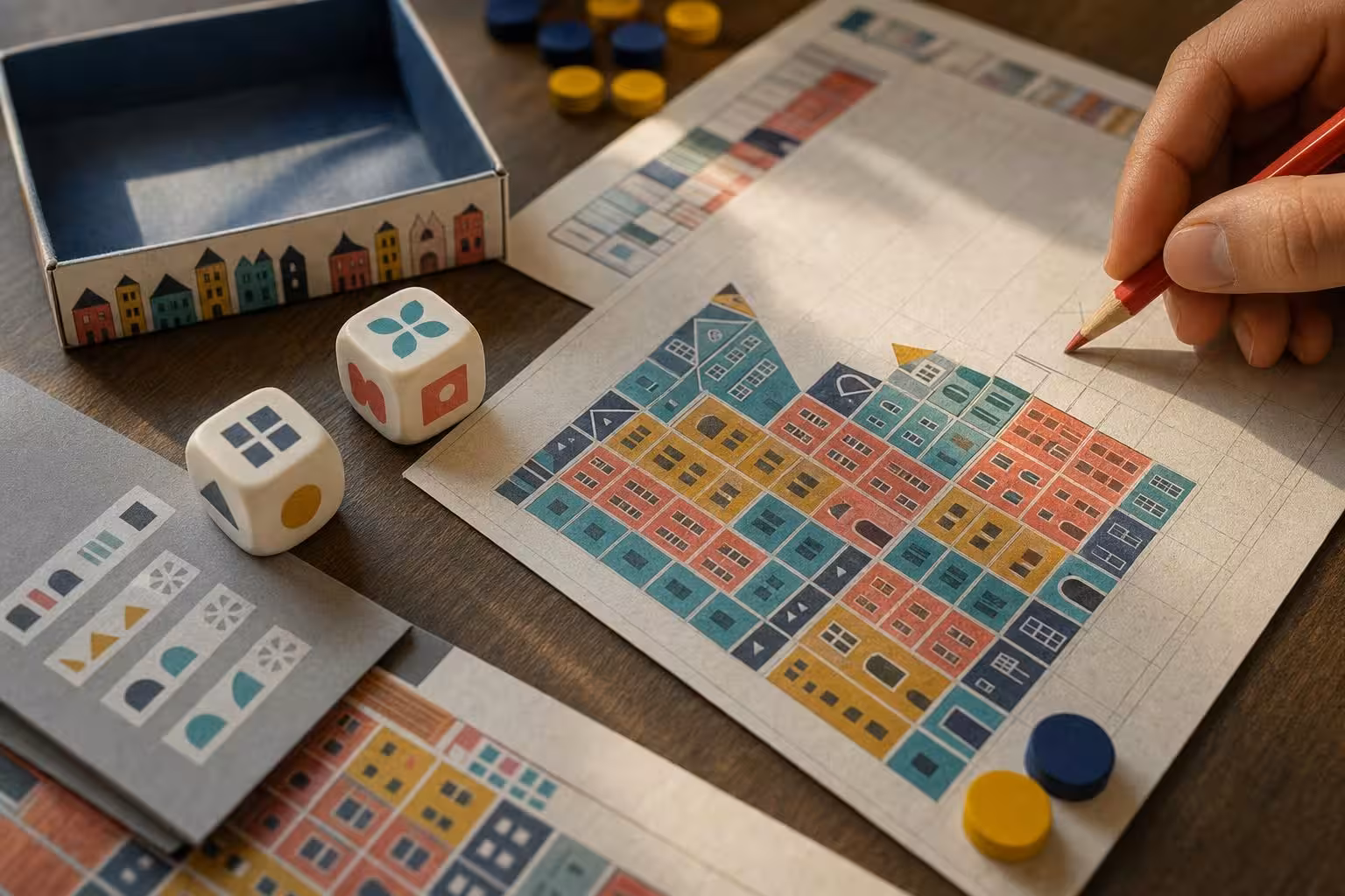 Partie Copenhagen: Roll & Write mit typischem Spielmaterial auf dem Tisch (mit AI erstelltes Bild)