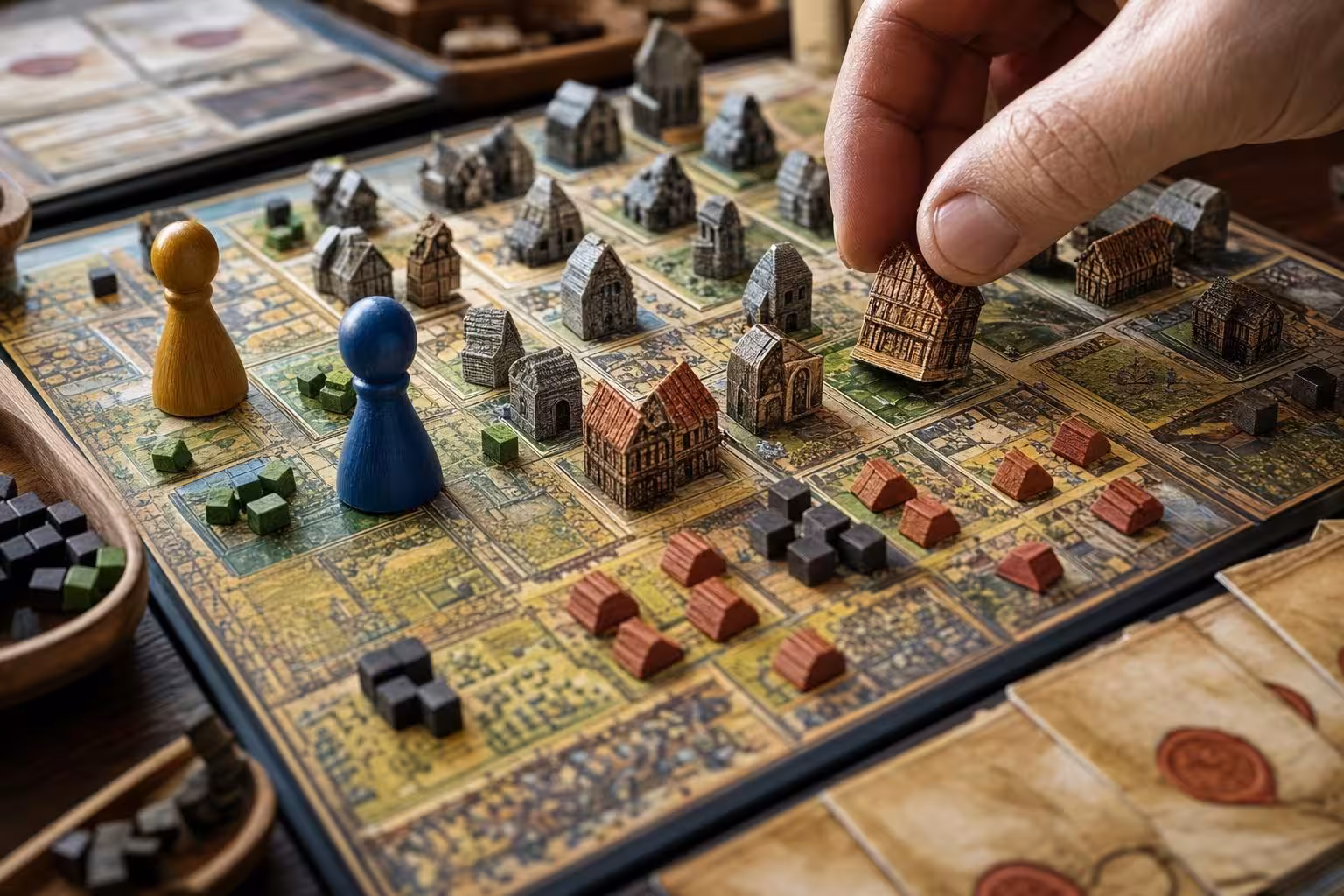 Partie Crown of Emara mit typischem Spielmaterial auf dem Tisch (mit AI erstelltes Bild)