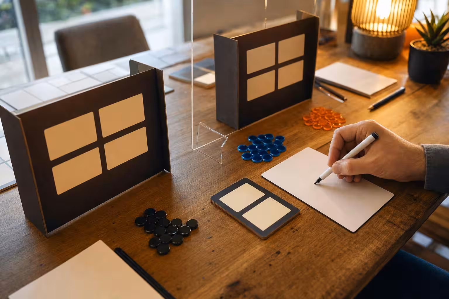 Partie Decrypto mit typischem Spielmaterial auf dem Tisch (mit AI erstelltes Bild)