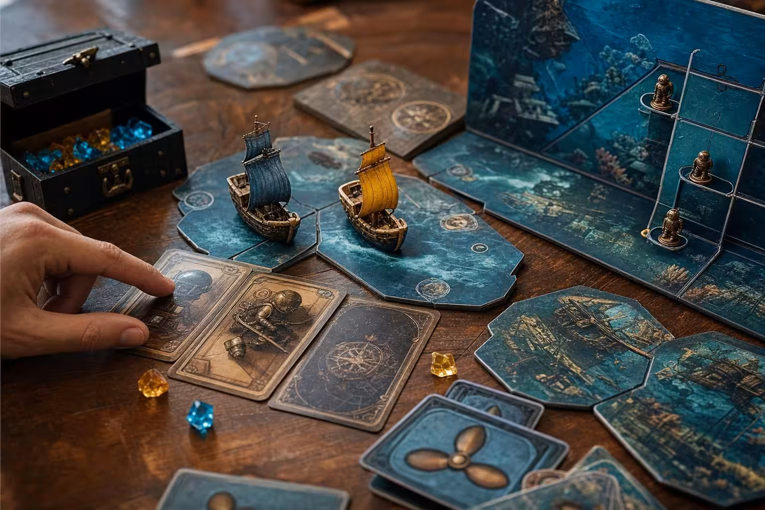 Partie Deep Blue mit typischem Spielmaterial auf dem Tisch (mit AI erstelltes Bild)