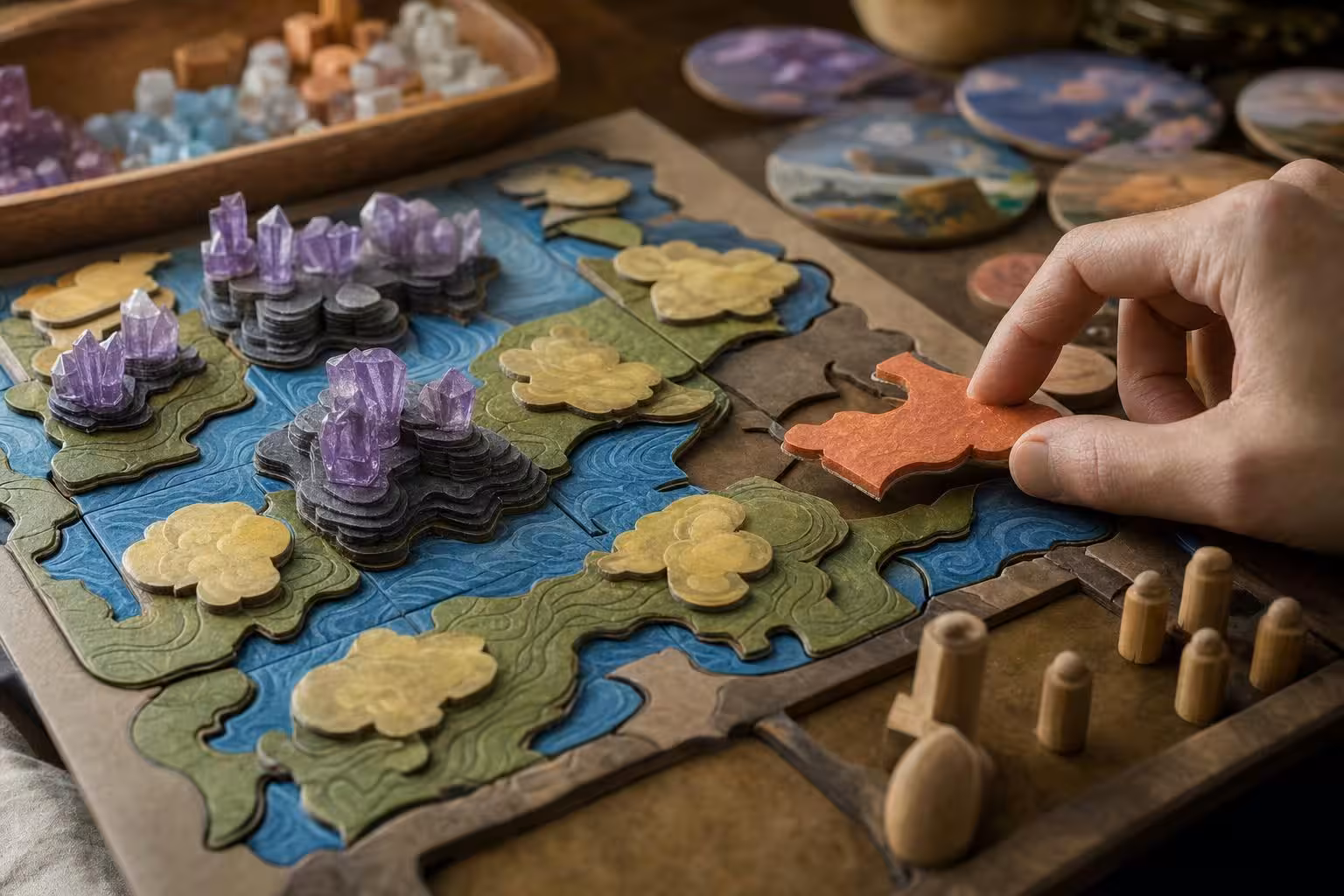 Partie Dreamscape mit typischem Spielmaterial auf dem Tisch (mit AI erstelltes Bild)