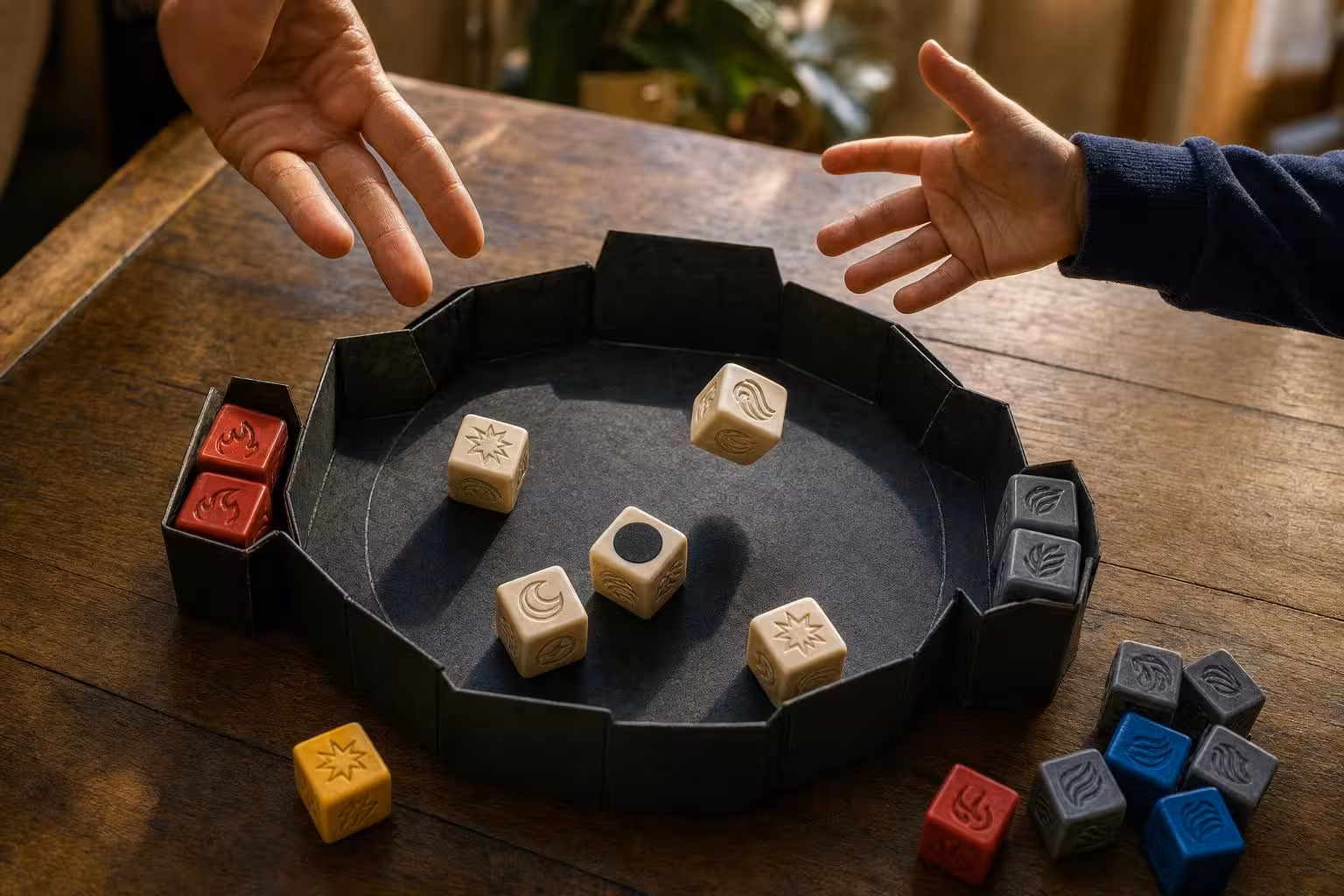 Partie Impact: Battle of Elements mit typischem Spielmaterial auf dem Tisch (mit AI erstelltes Bild)