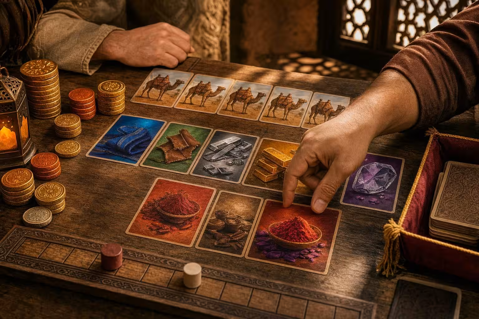 Partie Jaipur mit typischem Spielmaterial auf dem Tisch (mit AI erstelltes Bild)