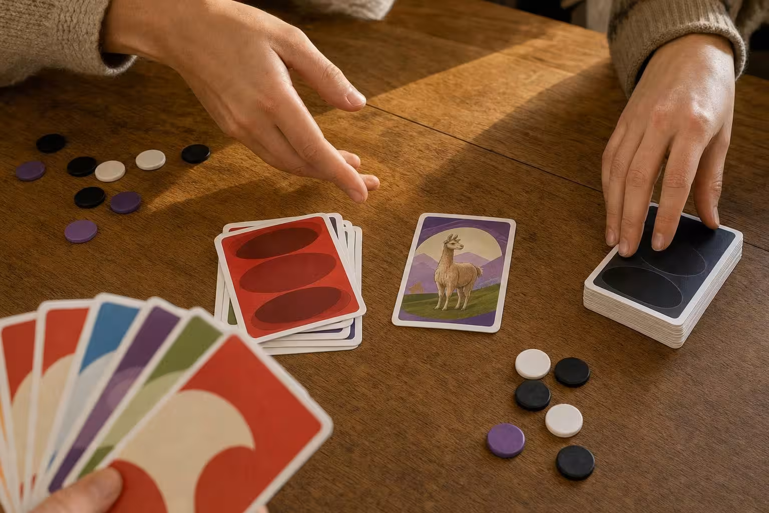 Partie LAMA mit typischem Spielmaterial auf dem Tisch (mit AI erstelltes Bild)