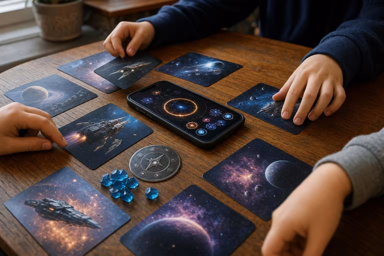 Partie Lost Galaxy mit typischem Spielmaterial auf dem Tisch (mit AI erstelltes Bild)