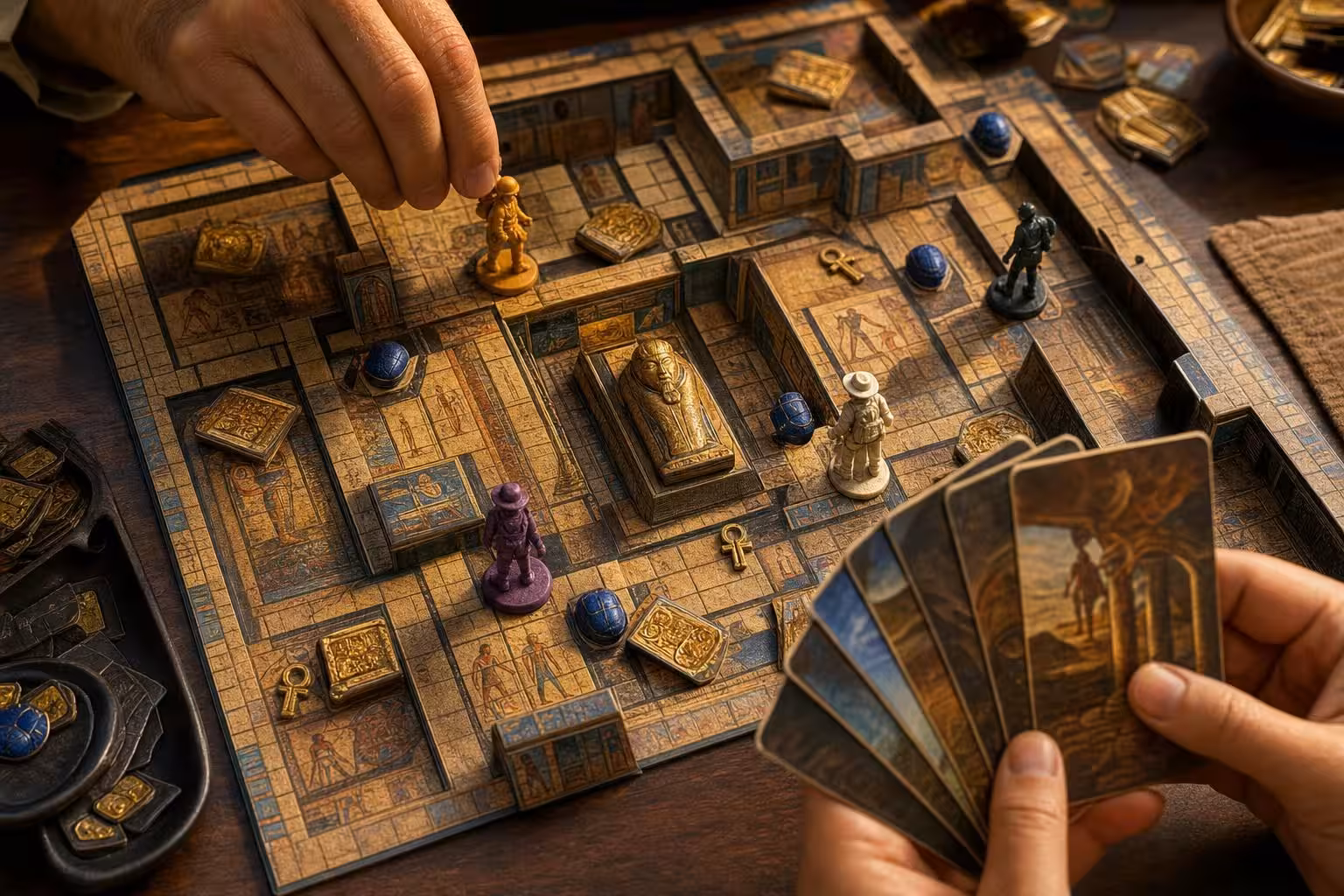 Partie Luxor mit typischem Spielmaterial auf dem Tisch (mit AI erstelltes Bild)
