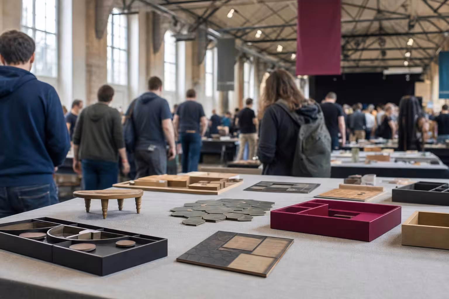 Messehalle mit Spieltischen und Besuchern zwischen den Ständen (mit AI erstelltes Bild)
