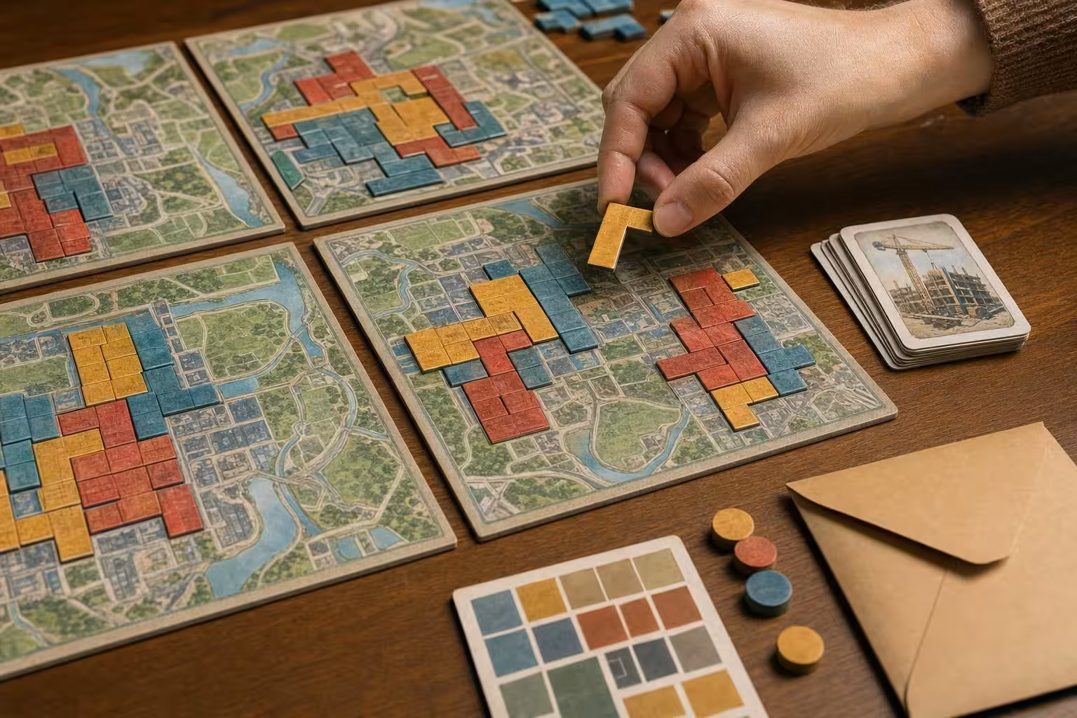 Partie My City mit typischem Spielmaterial auf dem Tisch (mit AI erstelltes Bild)