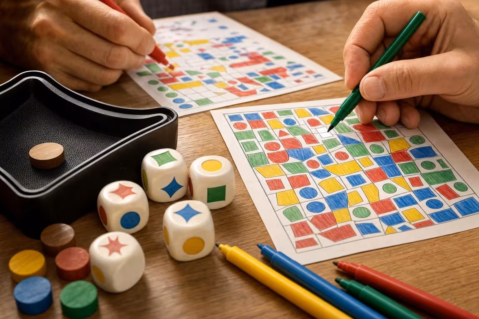Partie Noch mal so gut! mit typischem Spielmaterial auf dem Tisch (mit AI erstelltes Bild)