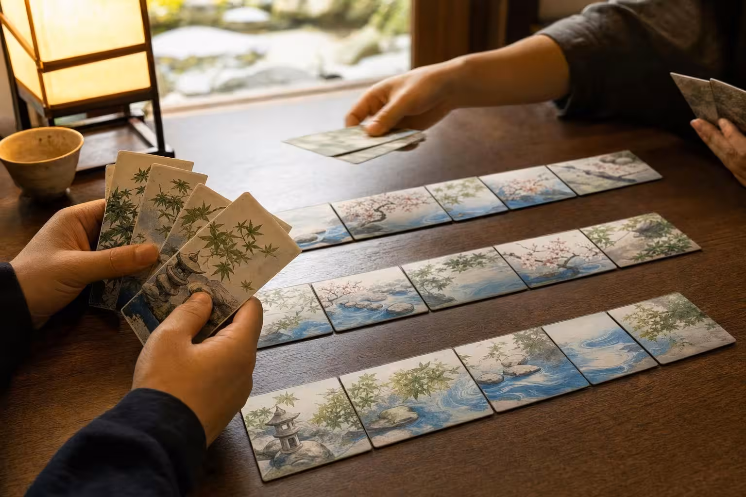 Partie Ohanami mit typischem Spielmaterial auf dem Tisch (mit AI erstelltes Bild)