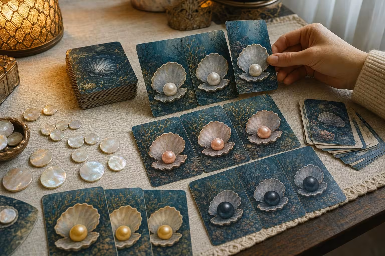 Partie Pearls mit typischem Spielmaterial auf dem Tisch (mit AI erstelltes Bild)