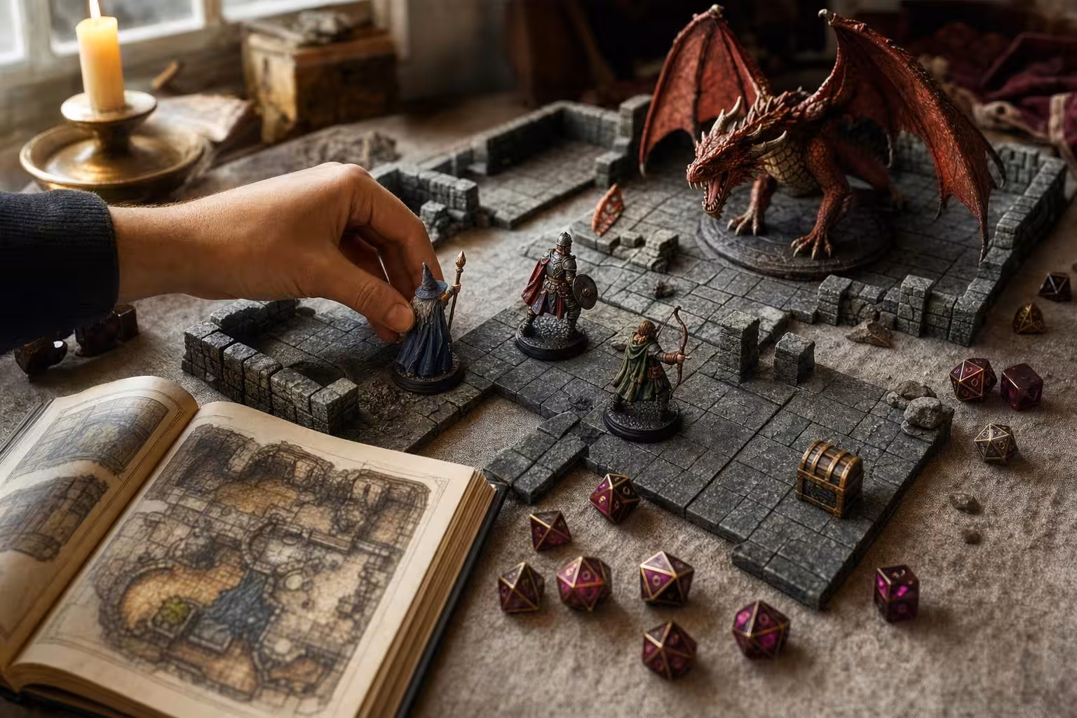 Fantasy-Abenteuerspiel auf dem Tisch: Dungeon-Plättchen, bemalte Heldenfiguren vor einem roten Drachen, Würfel und ein aufgeschlagenes Regelheft (mit AI erstelltes Bild)