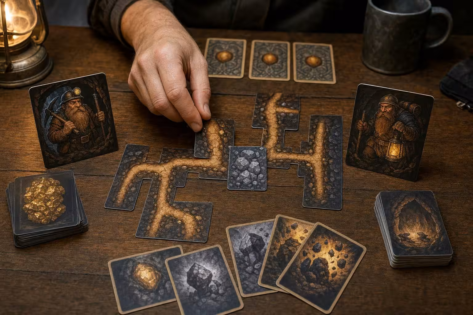 Partie Saboteur: Das Duell mit typischem Spielmaterial auf dem Tisch (mit AI erstelltes Bild)
