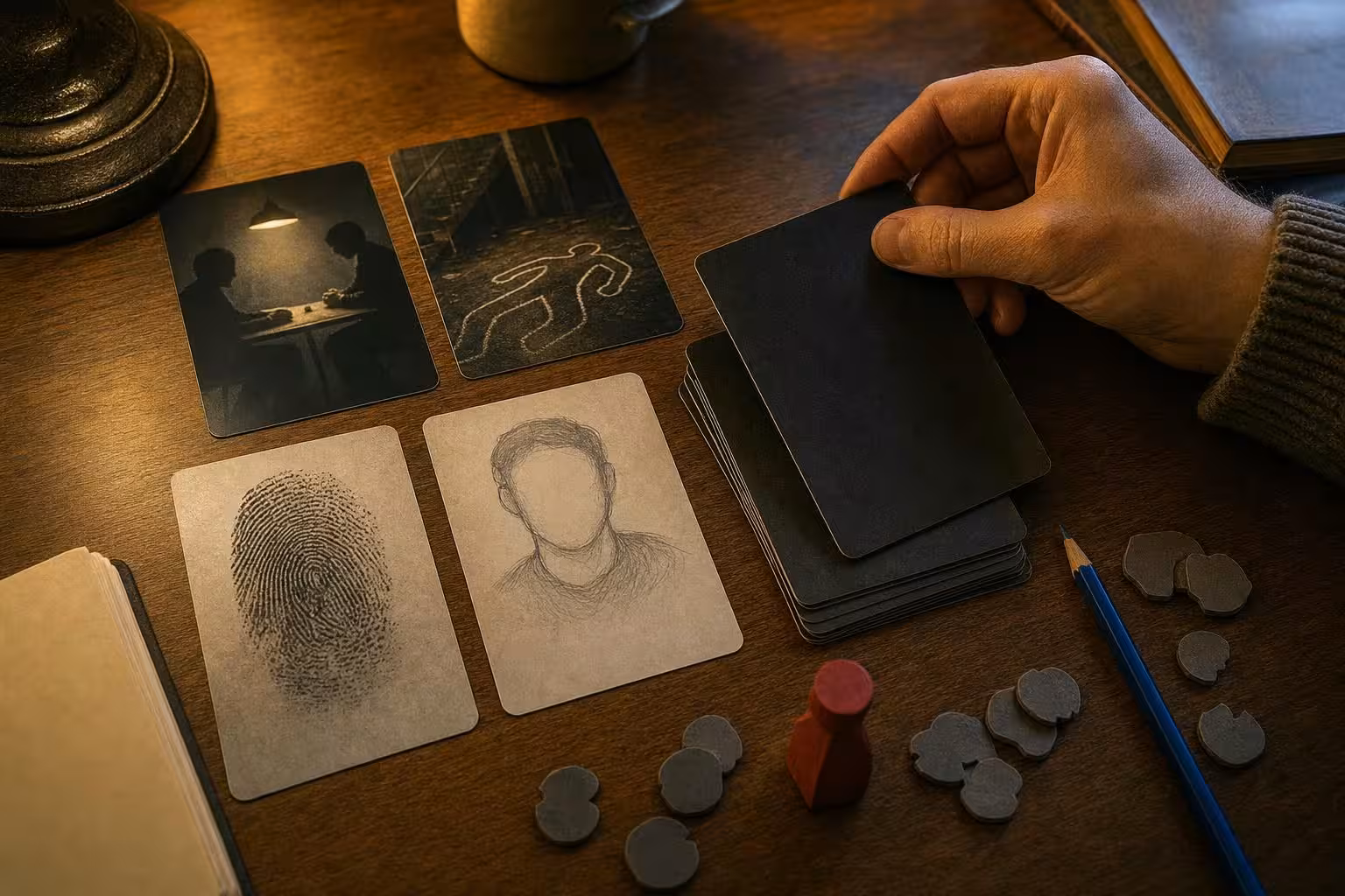 Partie Sherlock mit typischem Spielmaterial auf dem Tisch (mit AI erstelltes Bild)