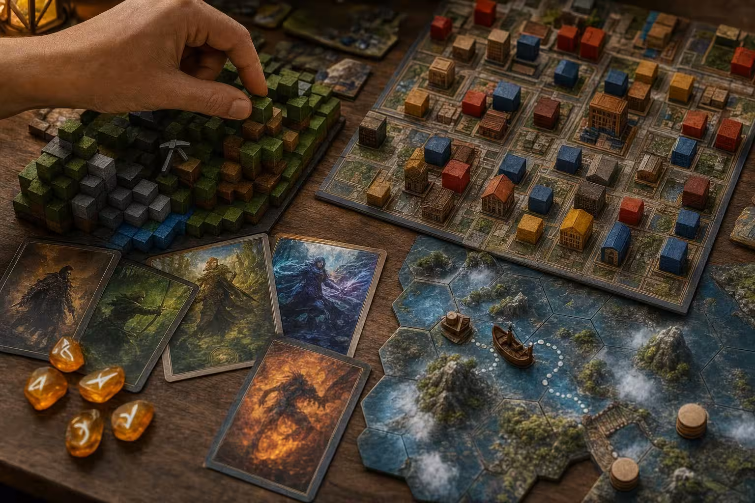 Spieltisch zum Thema: Minecraft und drei Spiele im kritischen Vergleich (mit AI erstelltes Bild)