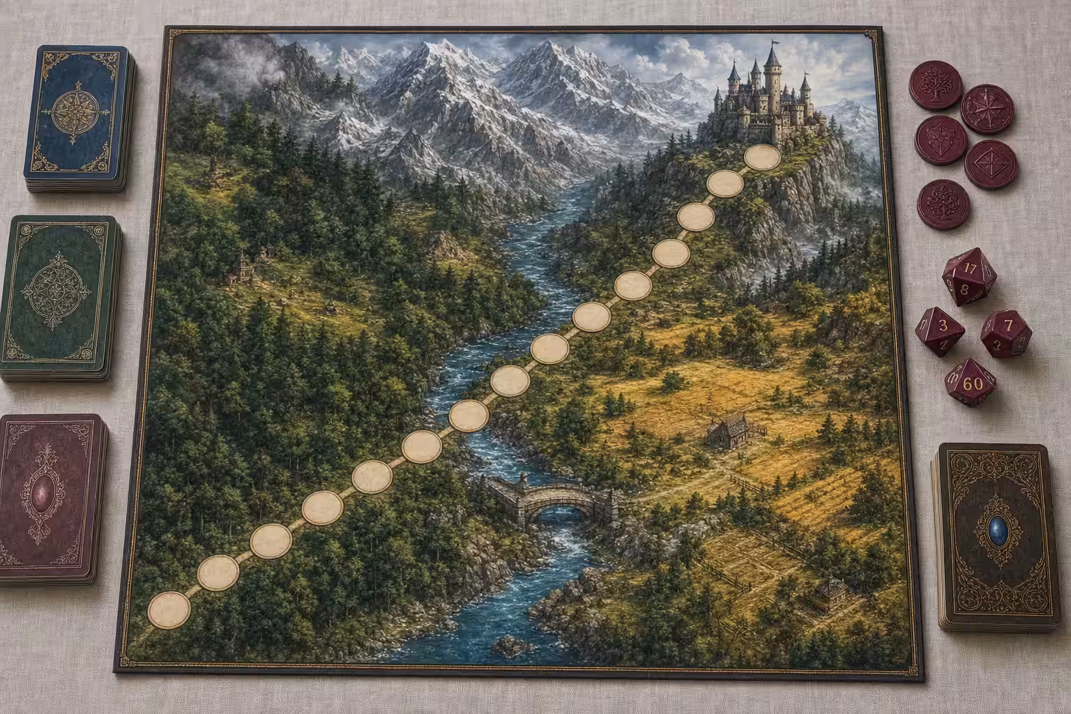 Fantasy-Abenteuerspiel von oben: Spielplan mit Wald, Fluss, Bergen und Burg, ein Pfad aus Feldern, daneben Karten, Marker und Würfel (mit AI erstelltes Bild)