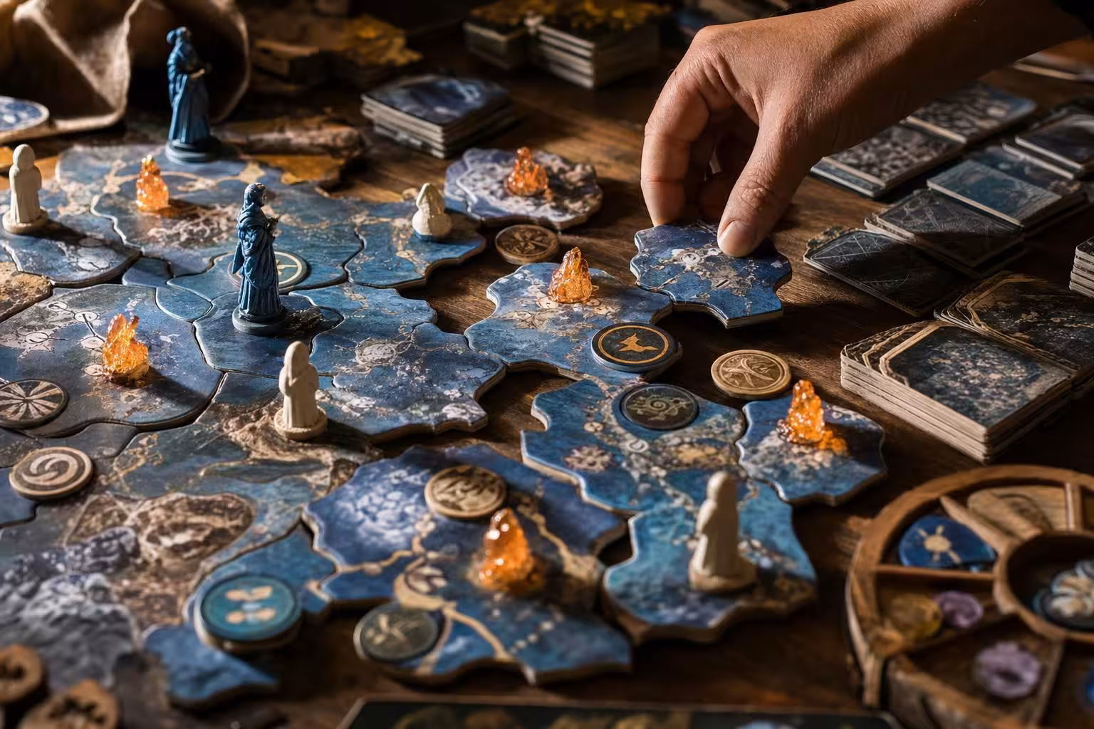 Partie Bonfire mit typischem Spielmaterial auf dem Tisch (mit AI erstelltes Bild)