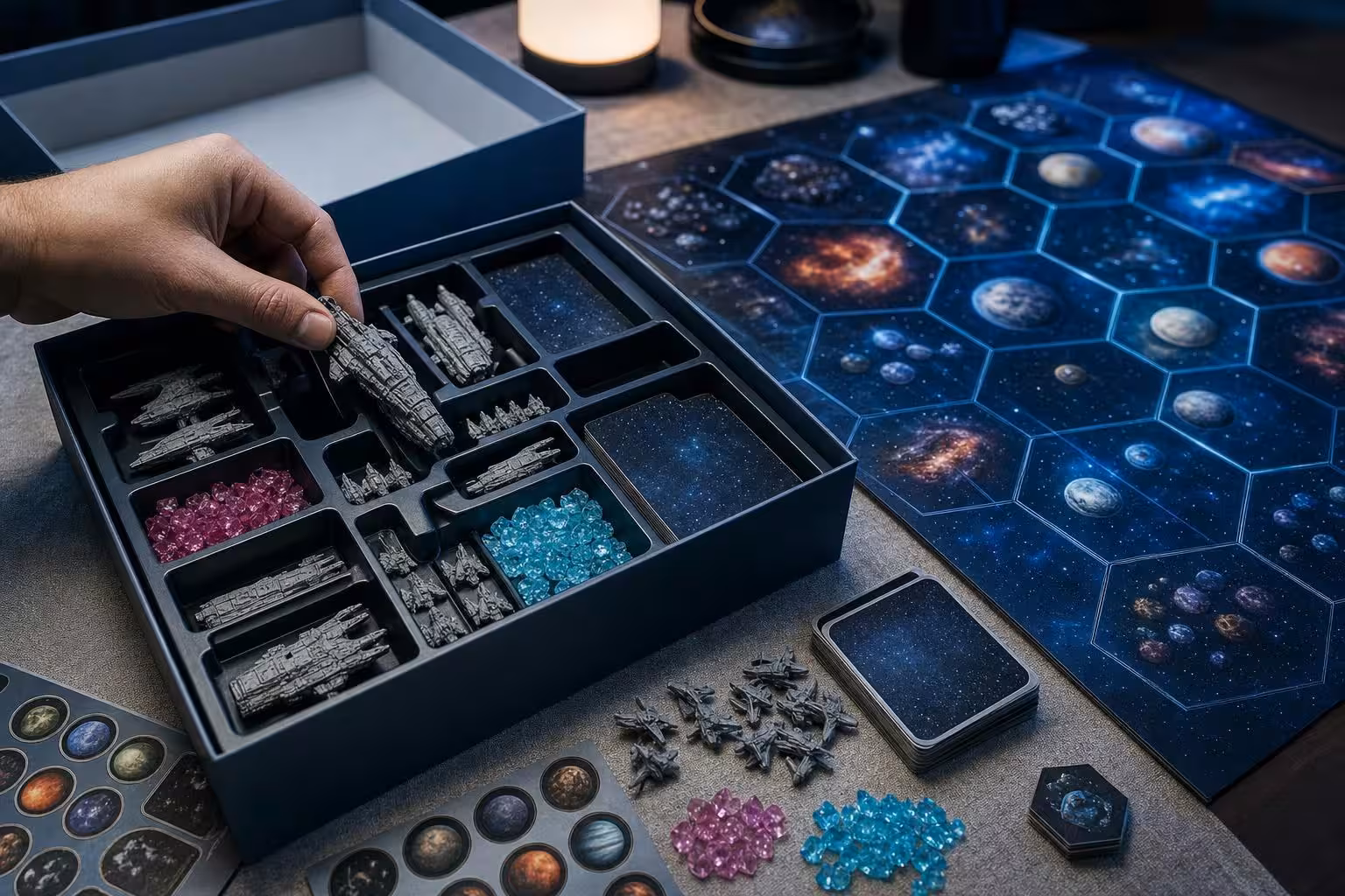 Frisch ausgepacktes Weltraum-Brettspiel: Raumschiff-Miniaturen im Inlay, Kristall-Marker, Kartenstapel und ein Sternkarten-Spielplan (mit AI erstelltes Bild)