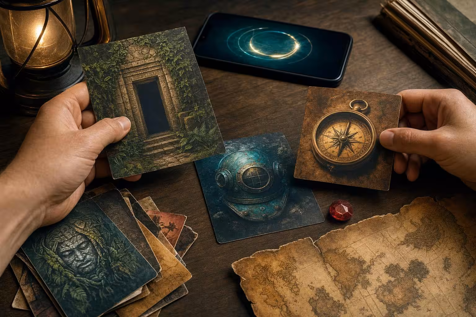 Partie Unlock! Exotic Adventures mit typischem Spielmaterial auf dem Tisch (mit AI erstelltes Bild)