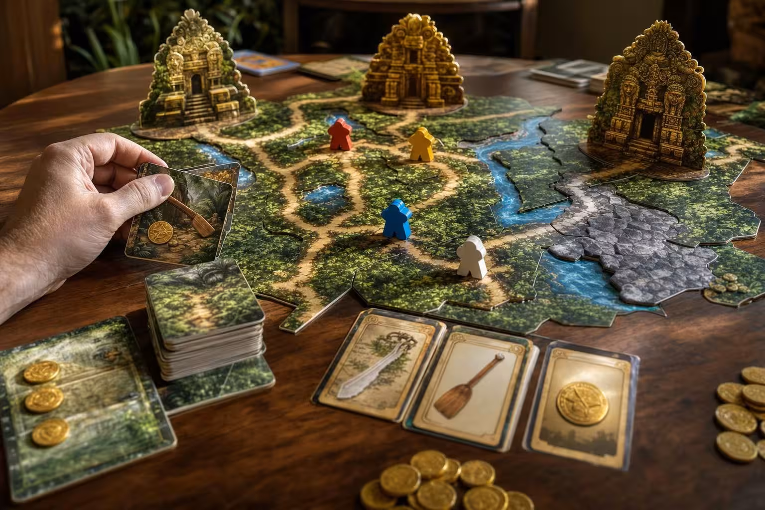 Partie Wettlauf nach El Dorado: Die goldenen Tempel mit typischem Spielmaterial auf dem Tisch (mit AI erstelltes Bild)