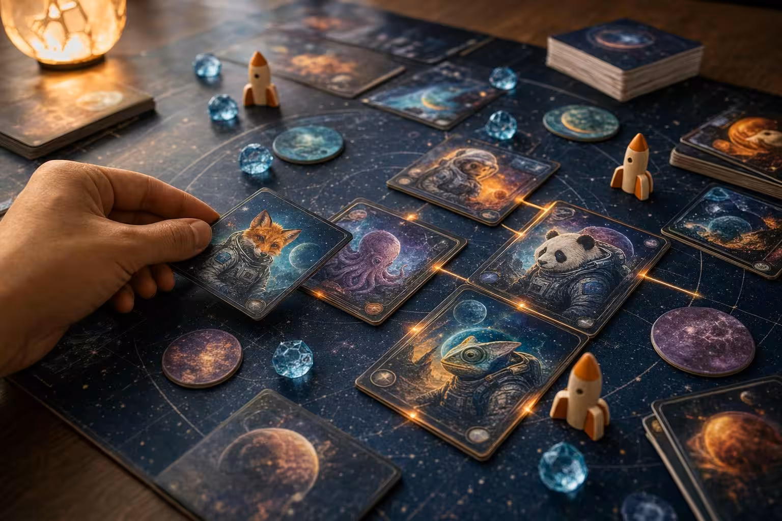 Partie Wildes Weltall mit typischem Spielmaterial auf dem Tisch (mit AI erstelltes Bild)